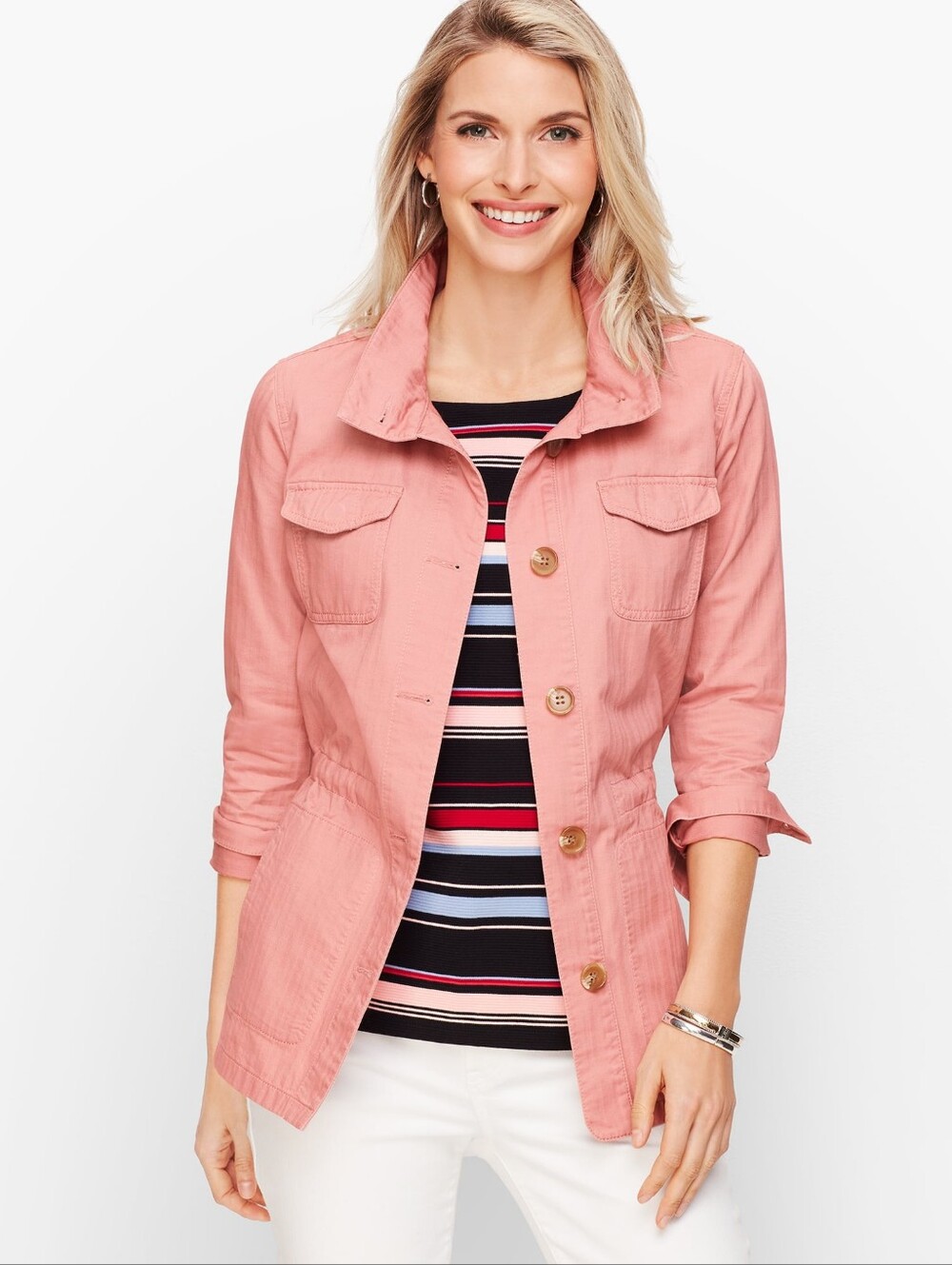 Talbots Safari Utility Jacket Adj Waist Cotton Twill Rose Pockets LG Layering